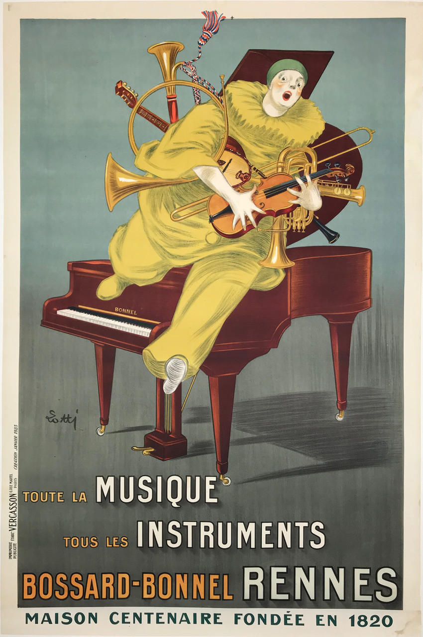 Bossard-Bonnel Rennes Instruments Original 1925 French Advertisement Poster by Lotti Linen Backed. Shows a clown jumping off a piano holding arm load of musical instruments, violins, horns, etc.