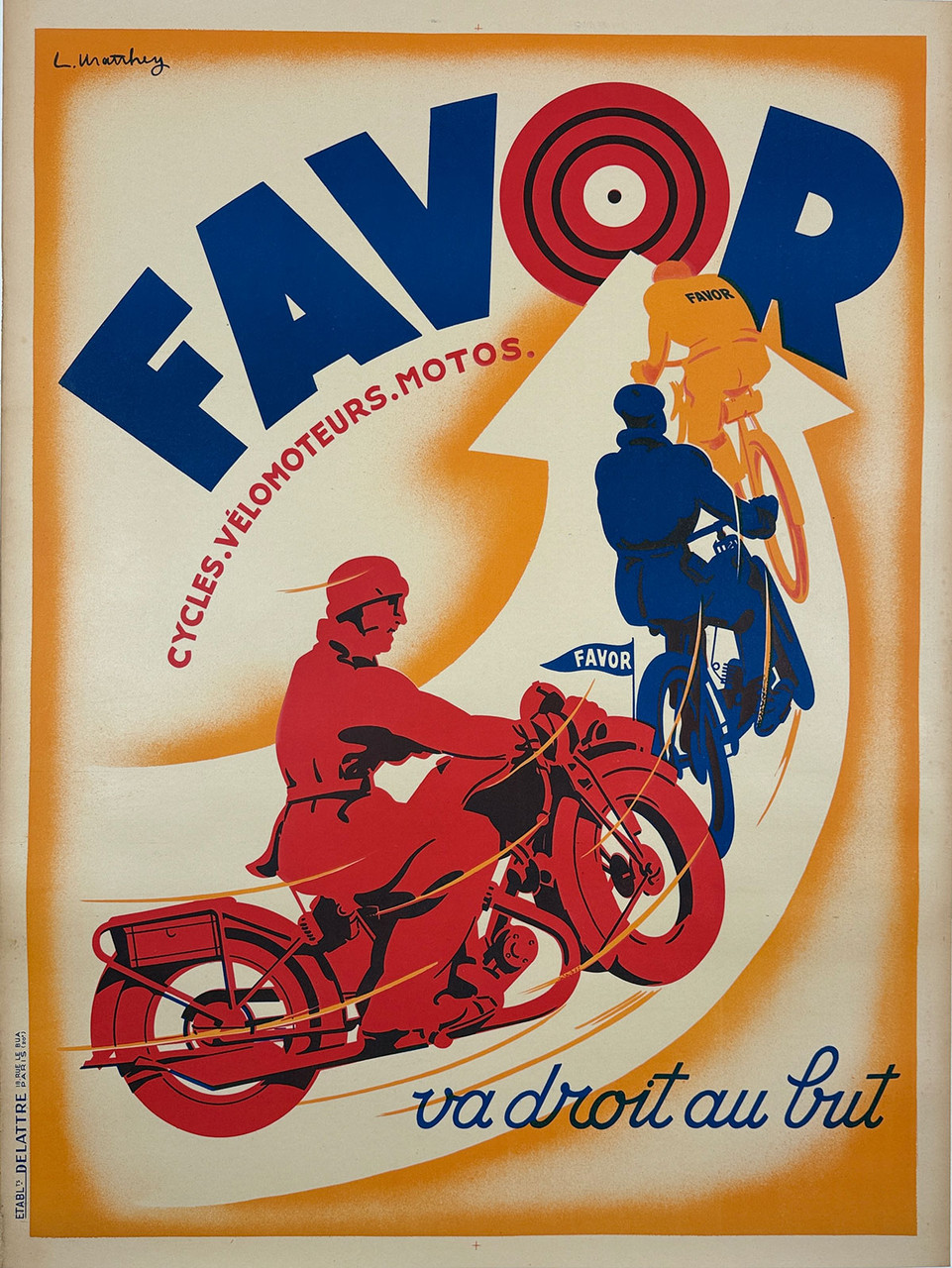 Favor Cycles Velomoteurs Motos Poster by Mathey Original 1938 Vintage French Cycle Company Stone Lithograph Advertisement Linen Backed.