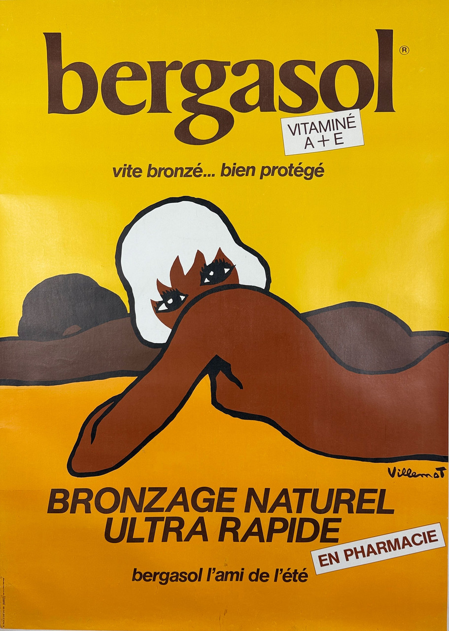 Bergasol Vitamine A +E Poster By Bernard Villemot. Original 1976 Vintage French Sun Tan Lotion Plate Lithograph Advertisement On Linen.