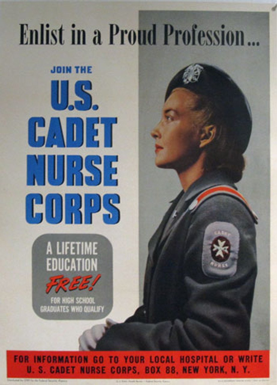 American war war2  poster from 1943 Join the U.S. Cadet Nurse Corps. Original vintage posters. Shows a woman wearing a gray dress cadet nurse uniform.