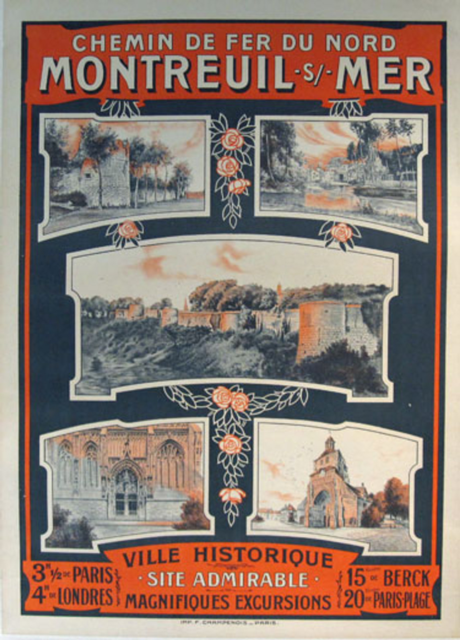 Chemin De Fer Du Nord Montreuil - Mer Ville Historique original French travel poster from 1900 printed by Imp. F. Champenois.