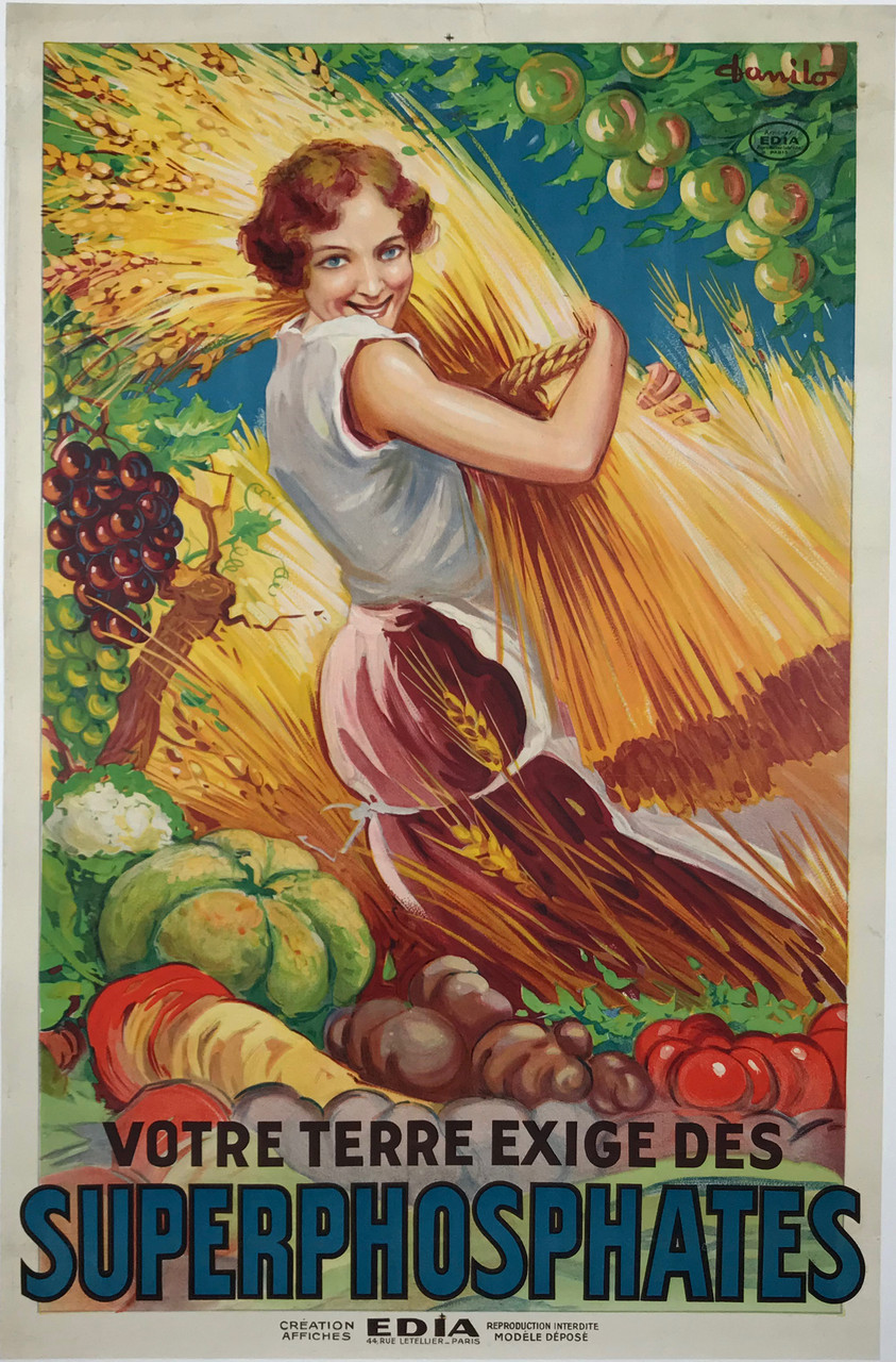 Superphosphates Vintage Poster by Robert Danilo from 1926. Original French Advertisement Poster Linen Backed. This original antique poster features a woman standing between vegetables and fruits, holding onto a large bundle of wheat. 
