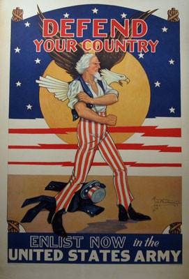 Shows a frowning Uncle Sam with his jacket and top hat on the floor at his feet. He rolls up his sleeves with one hand, and with his other hand is clenched into a fist. Directly behind him is a flying bald eagle and the sun.