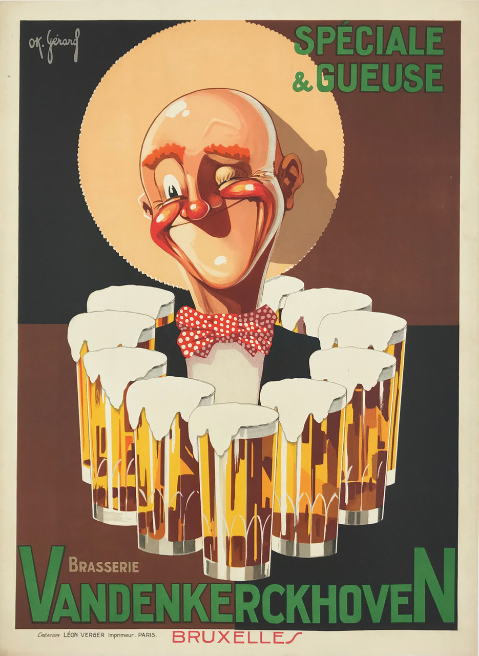 Vandenkerckhoven Brasserie Speciale & Gueuse by O.K. Gerard Original 1928 Vintage Belgium Beer Company Advertisement Stone Lithography Poster on Linen Backing. Shows a smiling man in a hat and bow tie winking surrounded by glasses of beers.