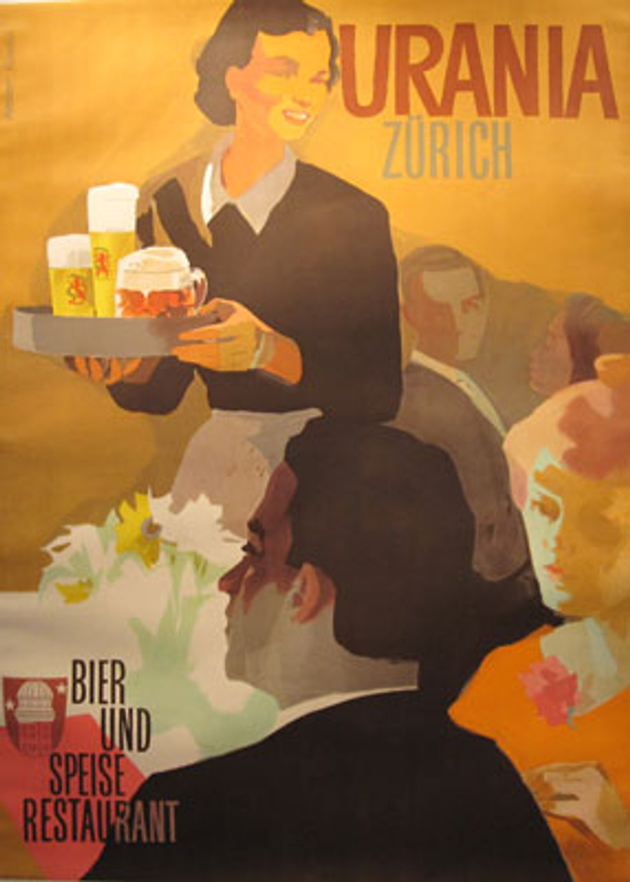 Urania Zurich Bier Und Speise Restaurant by Atelier Koella 1951 Switzerland. Swiss wine and spirits poster features a waitress in a crowded restaurant carrying a tray of beers. Original Antique Posters.