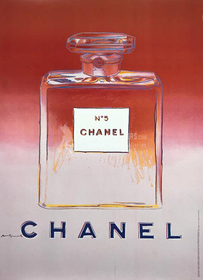 Chanel No5 (Red/Pink) original advertisement lithograph vintage poster by Andy Warhol Foundation from 1997 France. Shows a bottle of perfume (Chanel No. 5) on white and red/pink background.