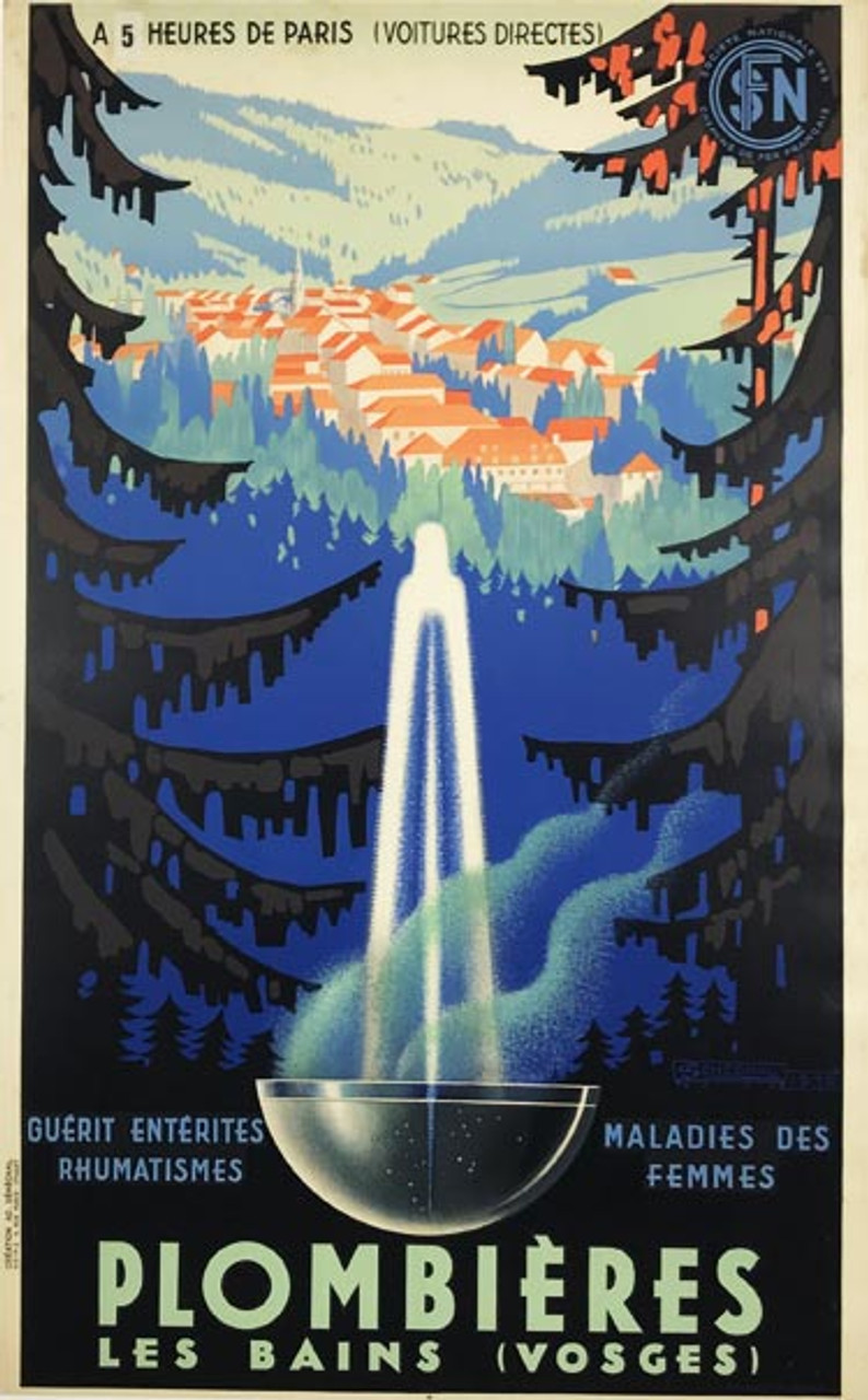 Plombieres Les Bains 5 heures de Paris original travel poster from 1939 France by Senechal. Features mountain scene and water fountain advertising travel resort and spa for rheumatism's.
