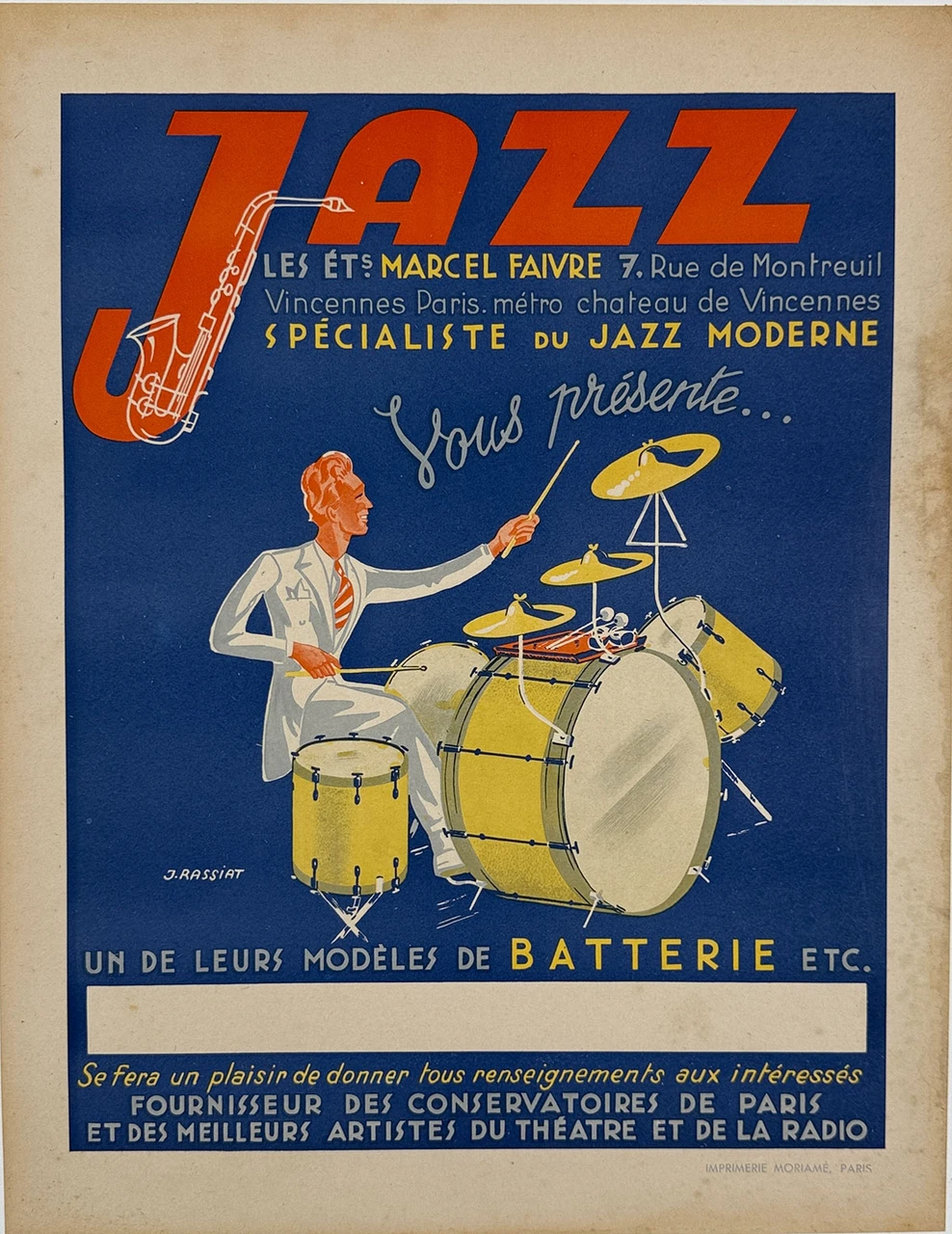 Jazz Drummer Poster By Rassiat Original 1930 Vintage French Music Instrument Store Stone Lithograph Advertisement Linen Backed.