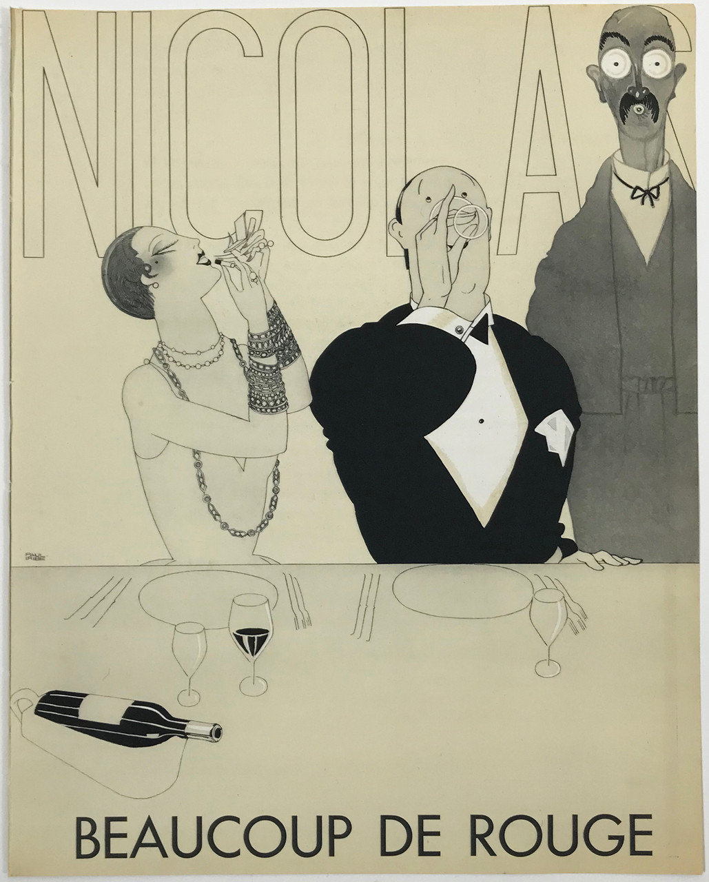Beaucoup de Rouge by Paul Iribe for Nicolas Blanc et Rouge Plaquette with 10 Designs Original 1930 French Advertising Lithograph Vintage Poster. Shows a couple sitting at the table in the restaurant, behind them waiter is standing. Woman uses a lipstick, man drinking a glass of wine.  