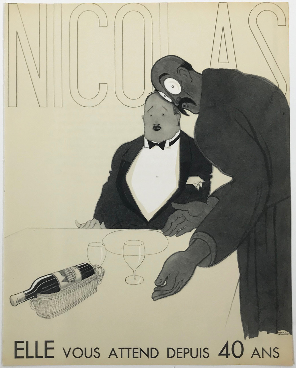 "Elle Vous Attend Depuis 40 Ans" by Paul Iribe Original 1930 Vintage French  Blanc et Rouge Wine Menu Insert for Nicolas With 10 Dfferent Lithograph Designs.