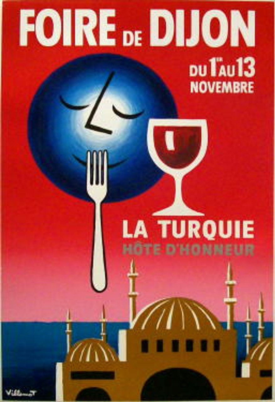 Foire De Dijon original vintage poster by Bernard Viellemot from 1954. French food advertisement features a blue moon over the water and red sky near a domed building with a fork up to its mouth and glass of wine next to him