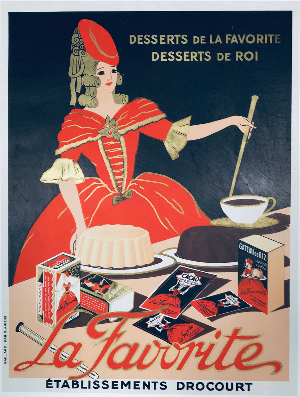La Favorite original advertising lithography vintage poster from 1930 France. Shows a blond lady wearing a red dress baking a desserts from mixes La Favorite.