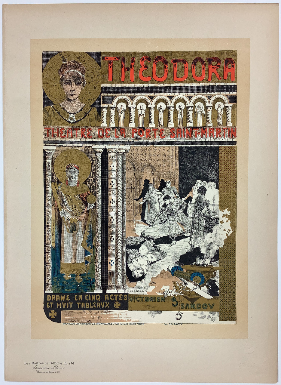 Theodora Les Maitres De L'Affiche by Orazi Plate 214 from 1900 France - Original Vintage Poster. This lithograph shows a theatrical scene of a fight with one man on the floor and a woman moving out of the way. Collectible Antique Posters