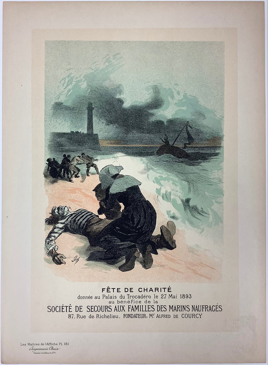 Fete De Charite Les Maitres De L'Affiche Plate 161 by Jules Cheret 1899 France. Original Vintage Poster. This lithograph shows a woman and child kneeling by a dead sailor on the beach while others try to rescue a sinking ship. Antique Posters