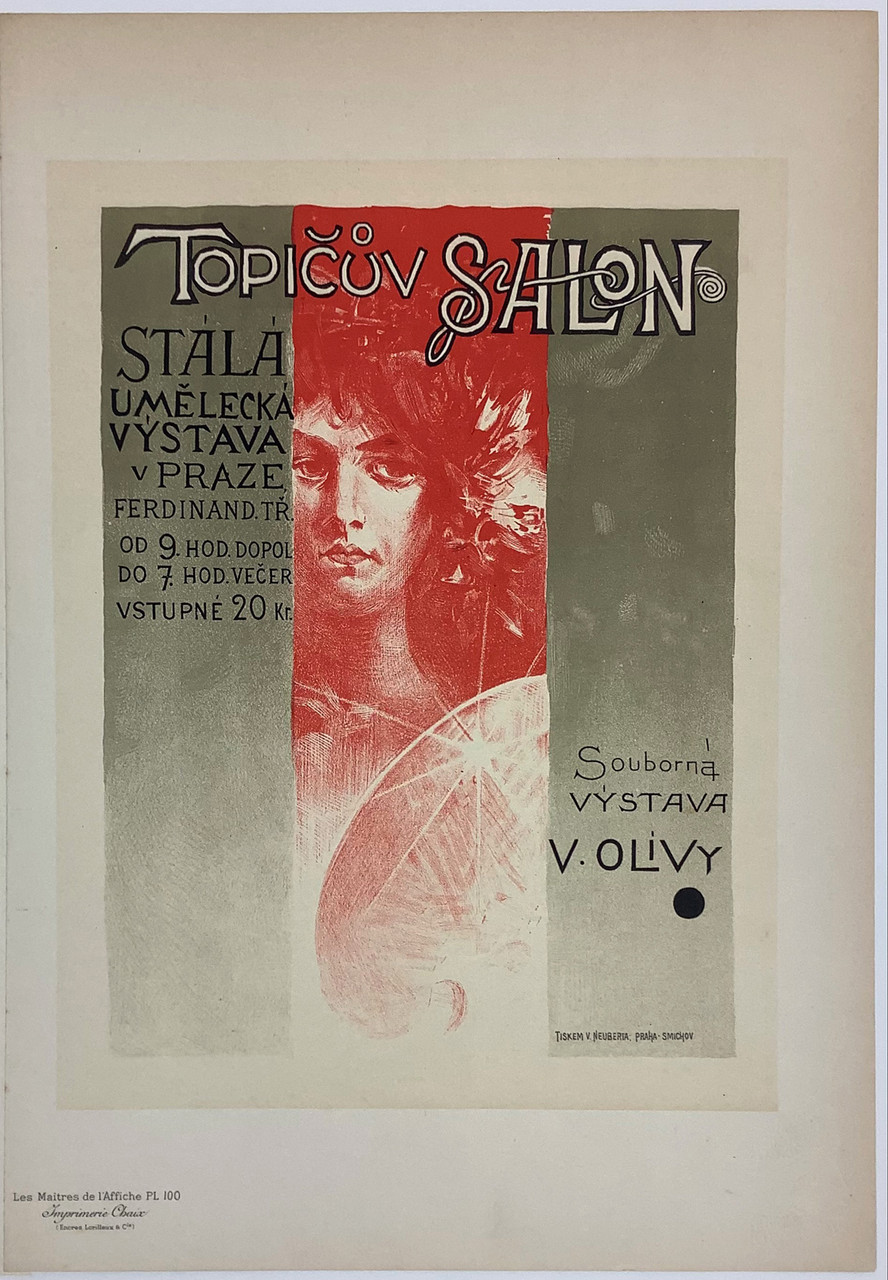 Topicuv Salon Original Les Maitres de L'Affiche Plate 100 by Vaclav Oliva 1897- Original Vintage Poster. This lithograph for an art exhibition in Prague shows a woman artist holding a painters pallet in the center third of the image. Antique Posters