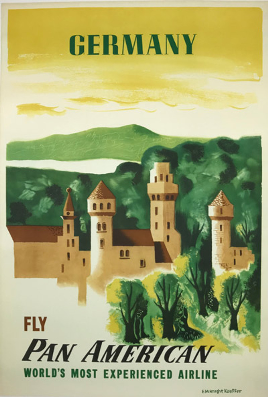 Fly Pan American to Germany original mid century modern travel  poster by Edward McKnight Kauffer from 1949.