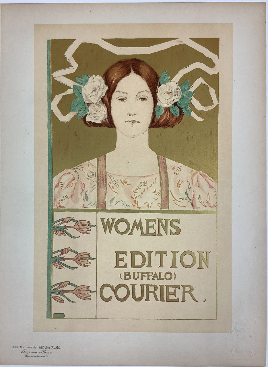 Womens Edition (Buffalo) Courier Original Les Maitres De L'Affiche Plate 60 by Alice R. Glenny 1897 France. This lithograph shows a portrait of a woman with flowers in her hair and ribbon flowing around her. Original Antique Posters