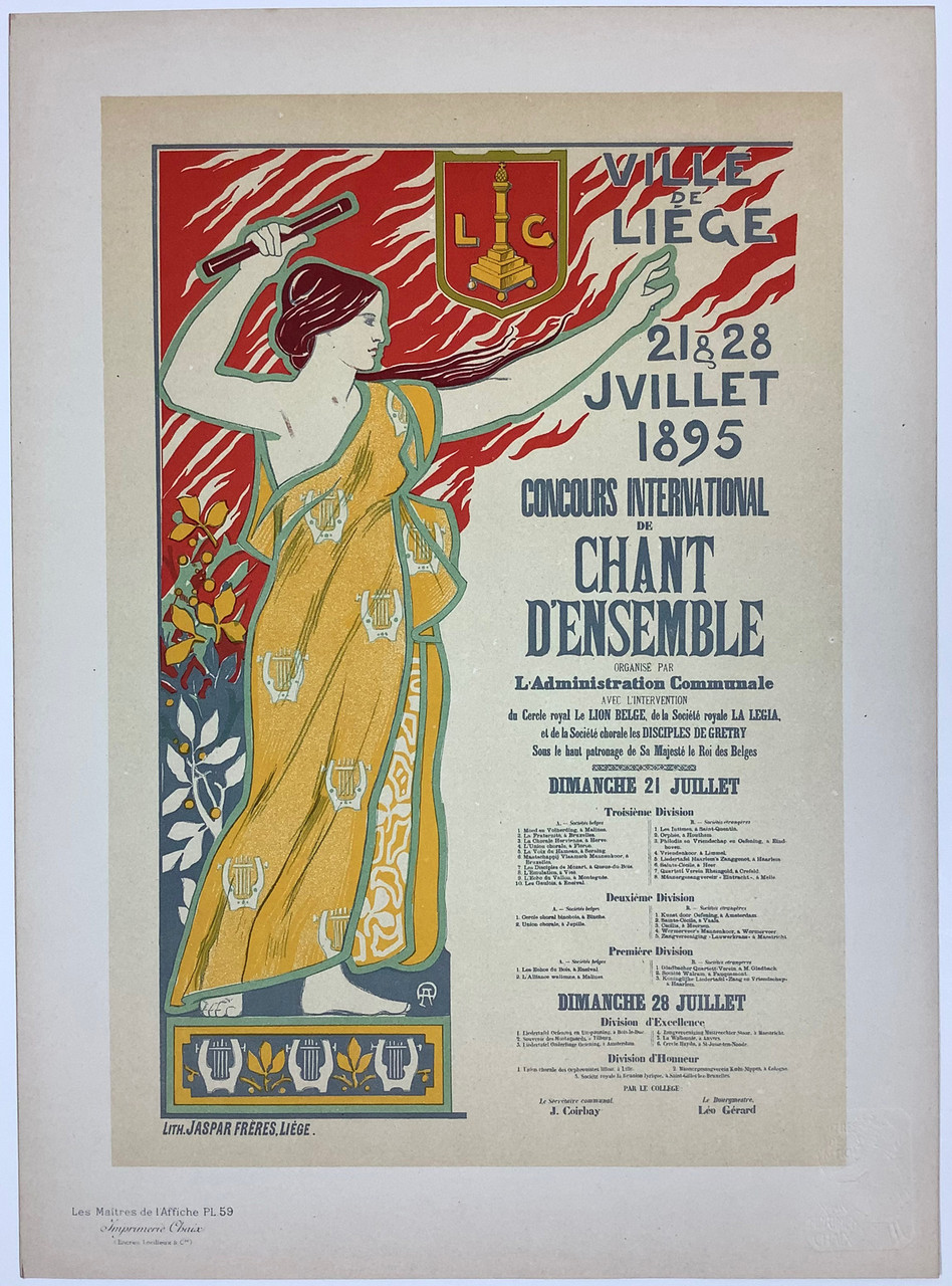 Ville De Liege Concours International De Chant D Ensemble Les Maitres De L'Affiche Plate 59 by Auguste Donnay from 1897. This lithograph shows a woman in yellow dress holding up her arms with a baton in one hand. Original Antique Posters