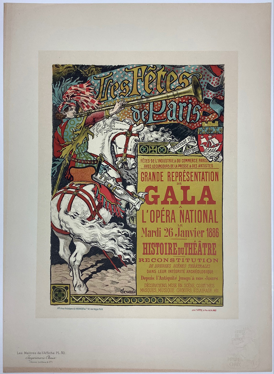 Les Fetes de Paris Gala L'Opera National Les Maitres De L'Affiche Plate 50 by Eugene Grasset from 1896 France. This lithograph shows a man blowing a trumpet from on his horse announcing festival of Paris. Original Antique Poster