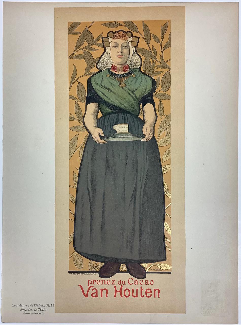 Cacao Van Houten Les Maitres De L'Affiche Plate 43 by Adolphe Willette 1896. This lithograph shows a woman holding a tray with cacao against a leafy background. Original Antique Poster