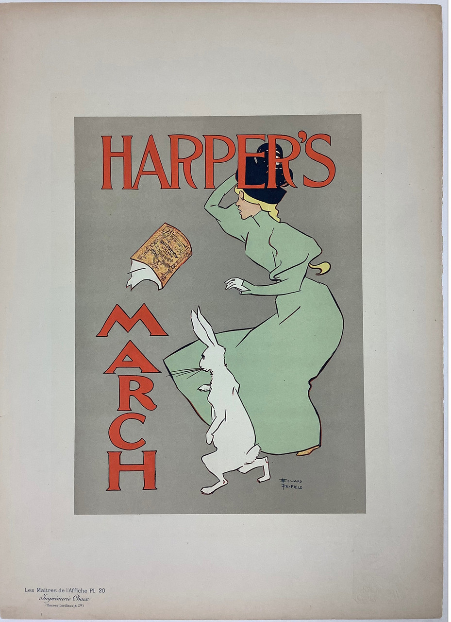 Harper's March by Edward Penfield Original 1896 Vintage Les Maitres De L'Affiche Plate 20. This lithograph shows a women in a green dress and a white rabbit looking at a magazine falling in front of them.