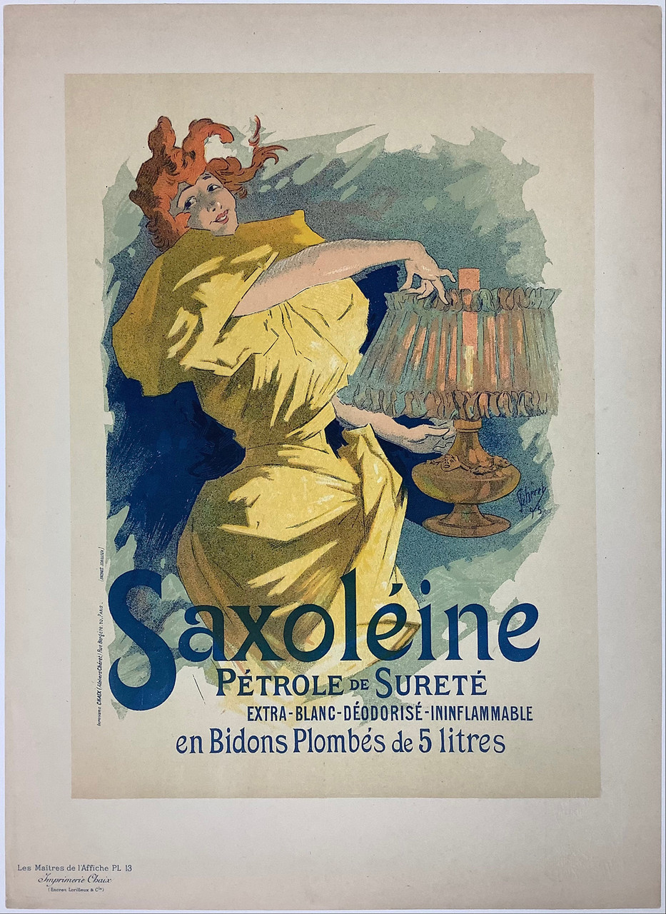 Saxoleine Petrole de Surete Original Les Maitres De L'Affiche Plate 13 by Jules Cheret from 1896 France. This lithograph shows a woman in a yellow dress holding a kerosene lamp.  Original Vintage Posters