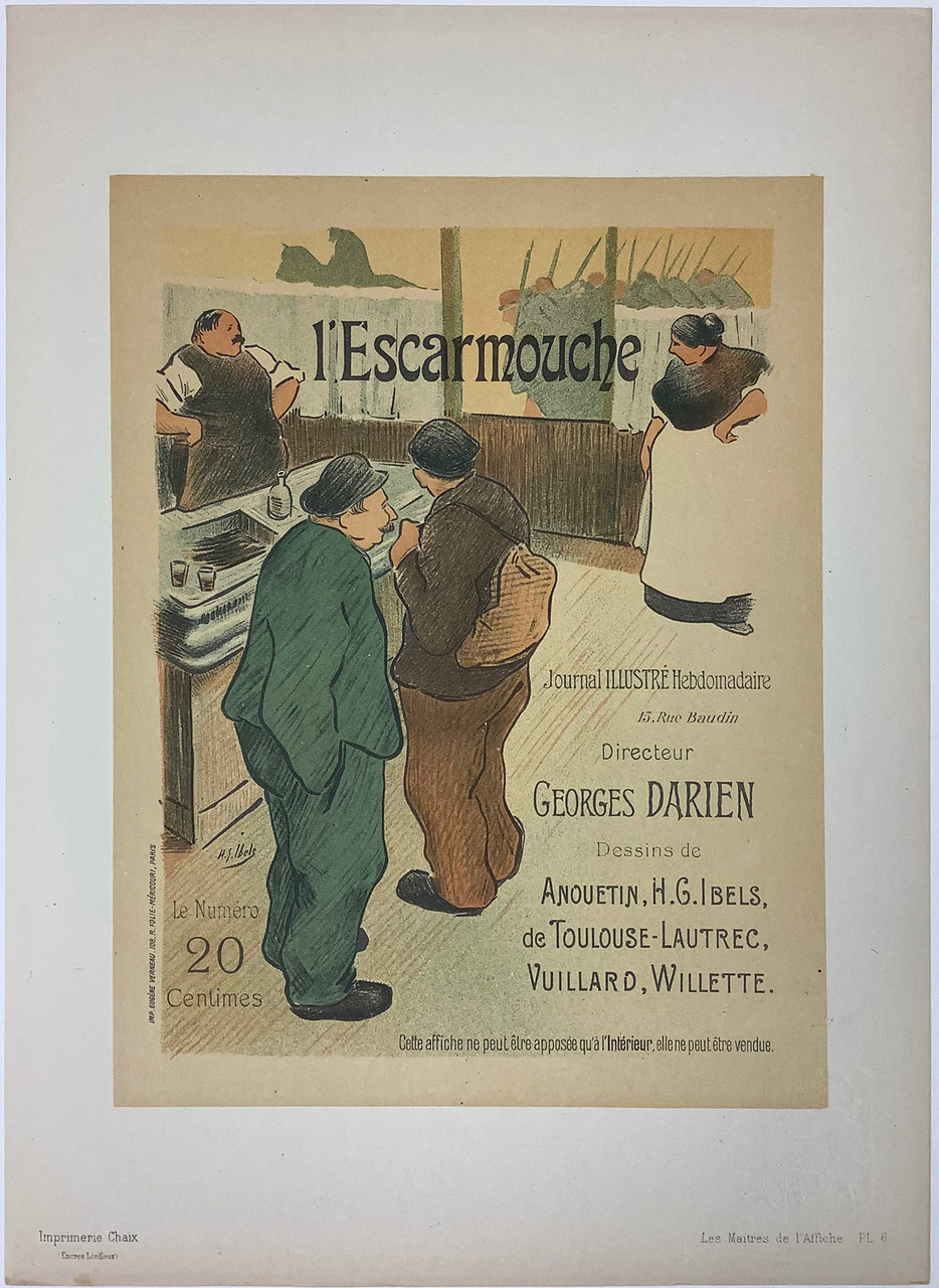 L'Escarmouche Original Les Maitres De L'Affiche Plate 6 from 1896 France by Henri-Gabriel Ibels. This lithograph The Skirmish shows two men at a bar with a bartender and a women in the corner near the windows. Original Vintage Posters.