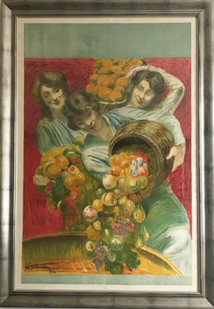 Confitures Foucault (Proof) original vintage turn of the century poster by Leonetto Cappiello from 1919 France. Features 3 women carrying baskets of fruit they are pouring them into a large vat.