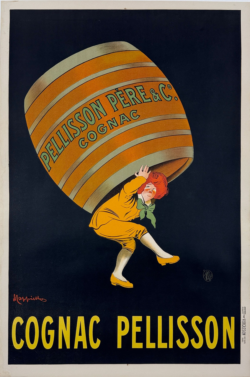 Cognac Pellisson Poster by Leonetto Cappiello Original 1905 Vintage French Stone Lithograph Distillery Advertisement Linen Backed.  31" by 47" Size