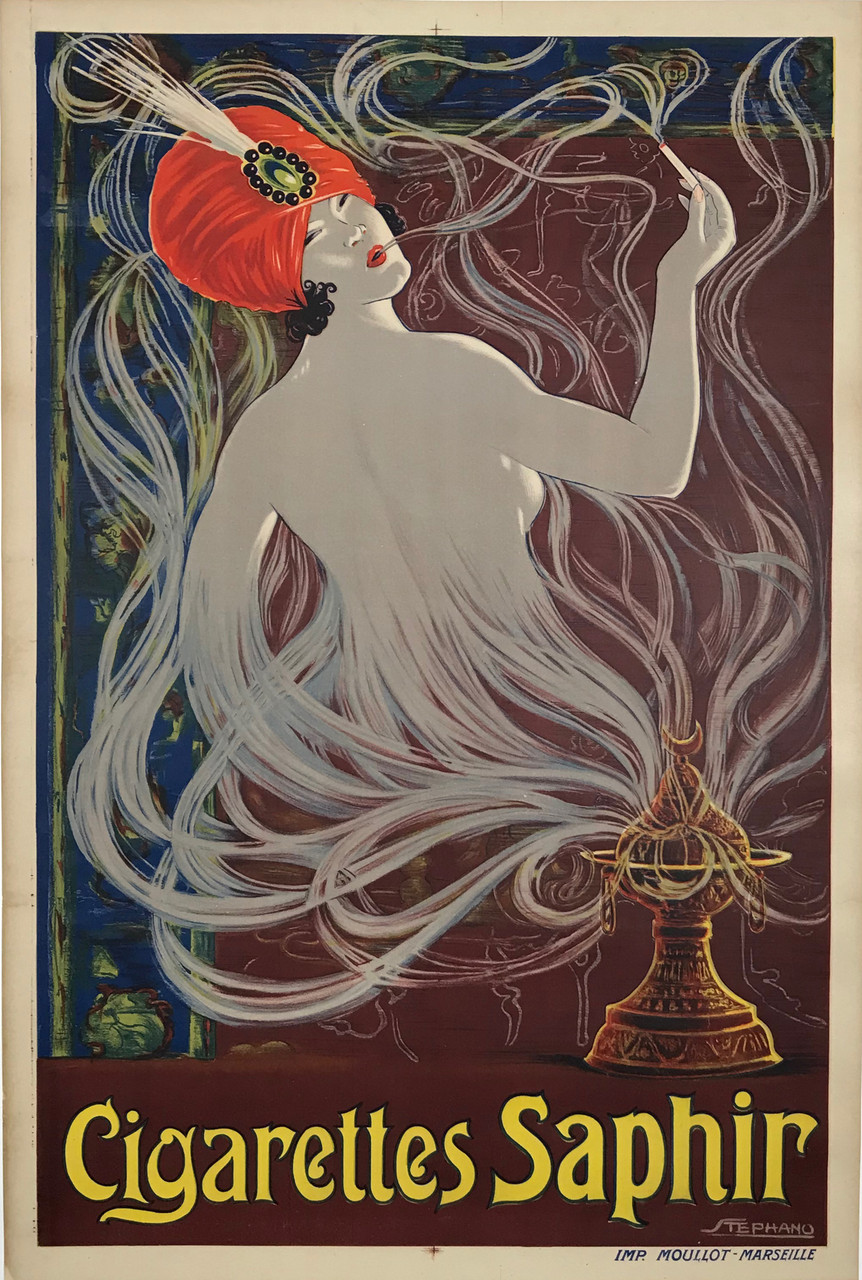 Cigarettes Saphir by Stephano Original 1920 Vintage France Tobacco Advertisement Stone Lithograph Poster Linen Backed. Shows a genie coming out of a lamp and enjoying a smoke.