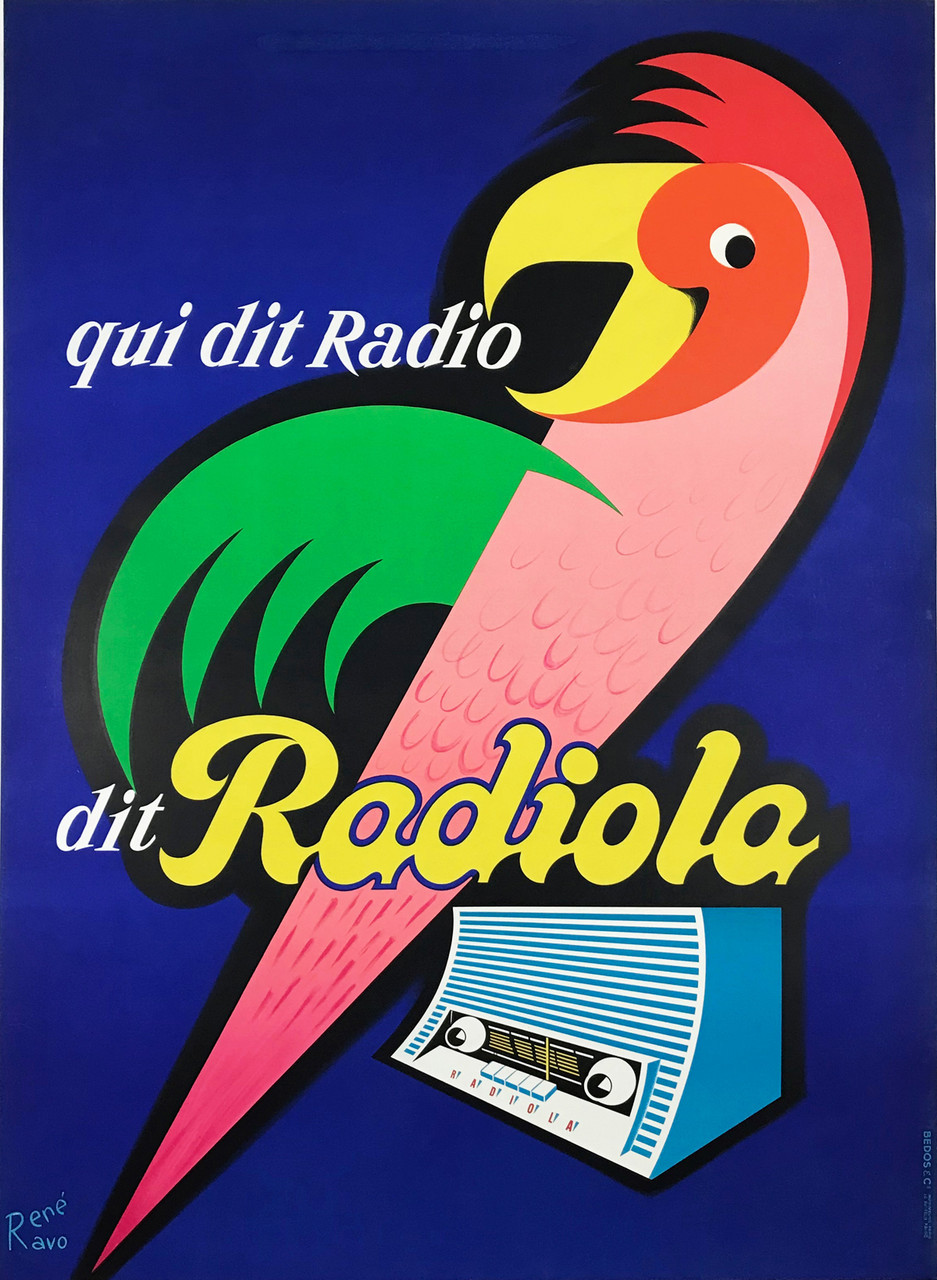 Radiola Qui Dit Radio by Rene Ravo Original 1950 Vintage French Transistor Advertisement Plate Lithograph Poster Linen Backed. Colorful Mid Century Modern Parrot on a Radio with Blue Background.