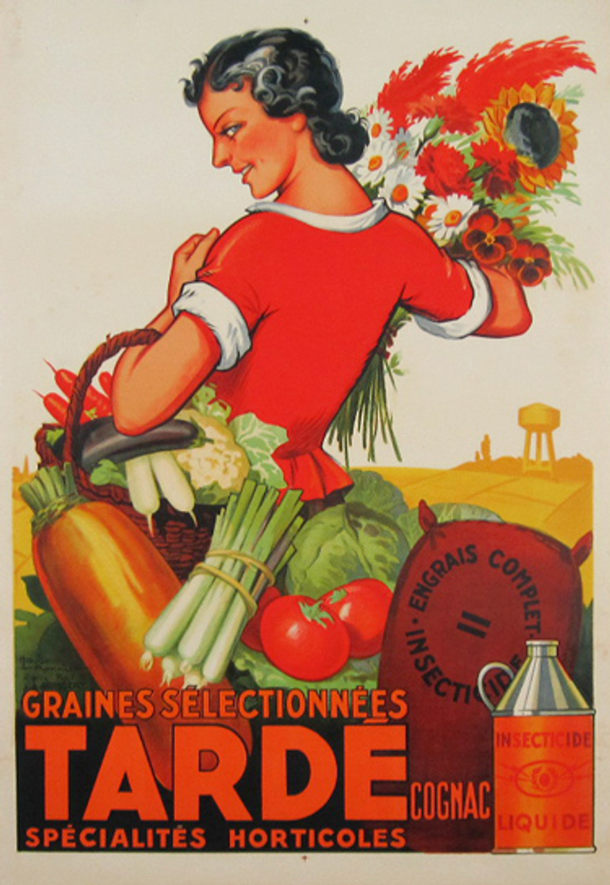 Tarde Insectecide authentic vintage poster by H. Le Monnier from 1928 France. Shows a woman holding flowers and vegetables in the basket. Advertising a fertilizer.