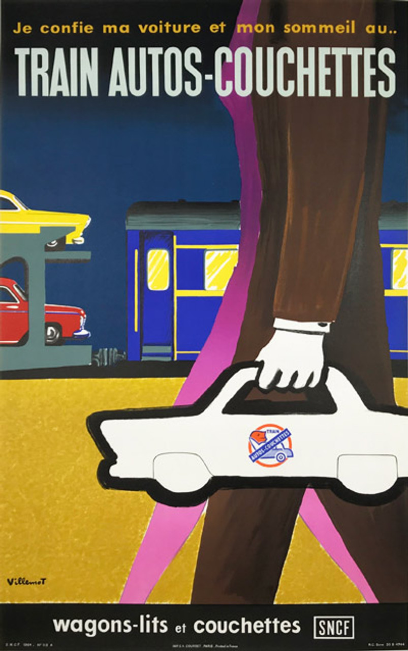Train Autos - Couchettes wagons lits SNCF original vintage travel poster by Bernard Villemot from 1964 France.
