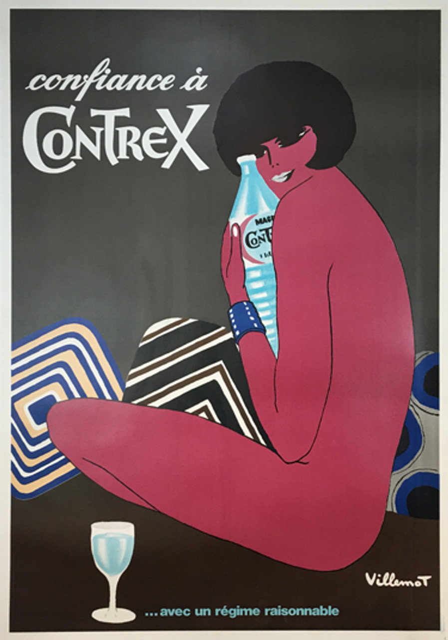 Contrex by Bernard Villemot 1970 - French food poster features a pink woman hugging a bottle of water with blue striped rectangle pillows behind her. Original Antique Posters.