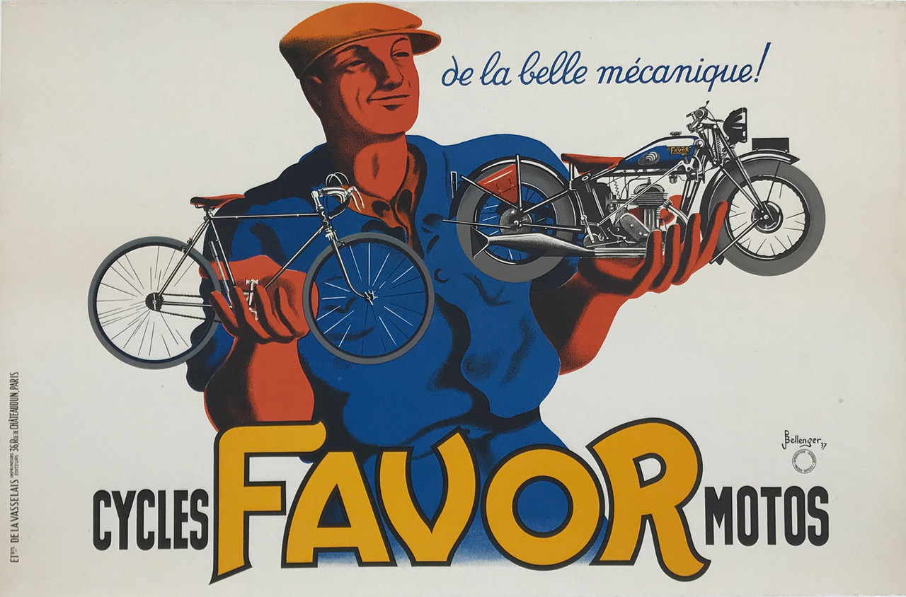 Favor Cycles Motos Poster by Bellenger Original 1937 Vintage French Motorcycle Company Advertisement Lithograph Linen Backed. Authentic Bicycles Motorcycles Stone Lithograph Poster.