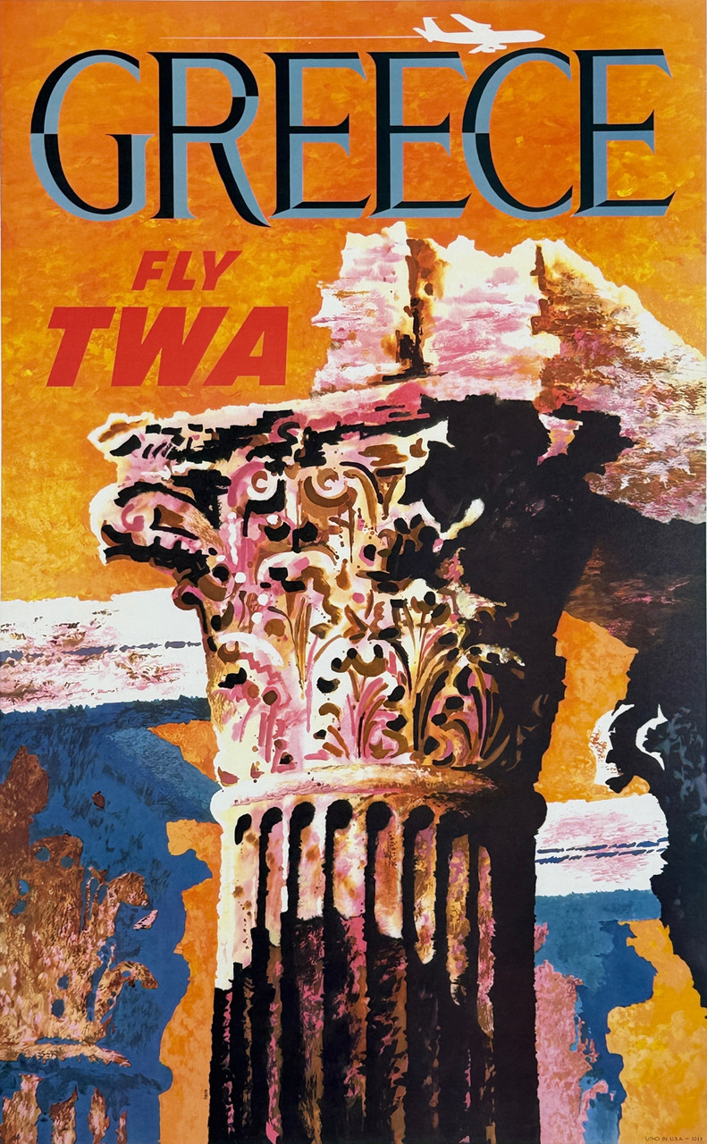 Fly TWA Airlines Greece Poster By David Klein Original 1962 Vintage USA Plane Travel Lithograph Advertisement Linen Backed.