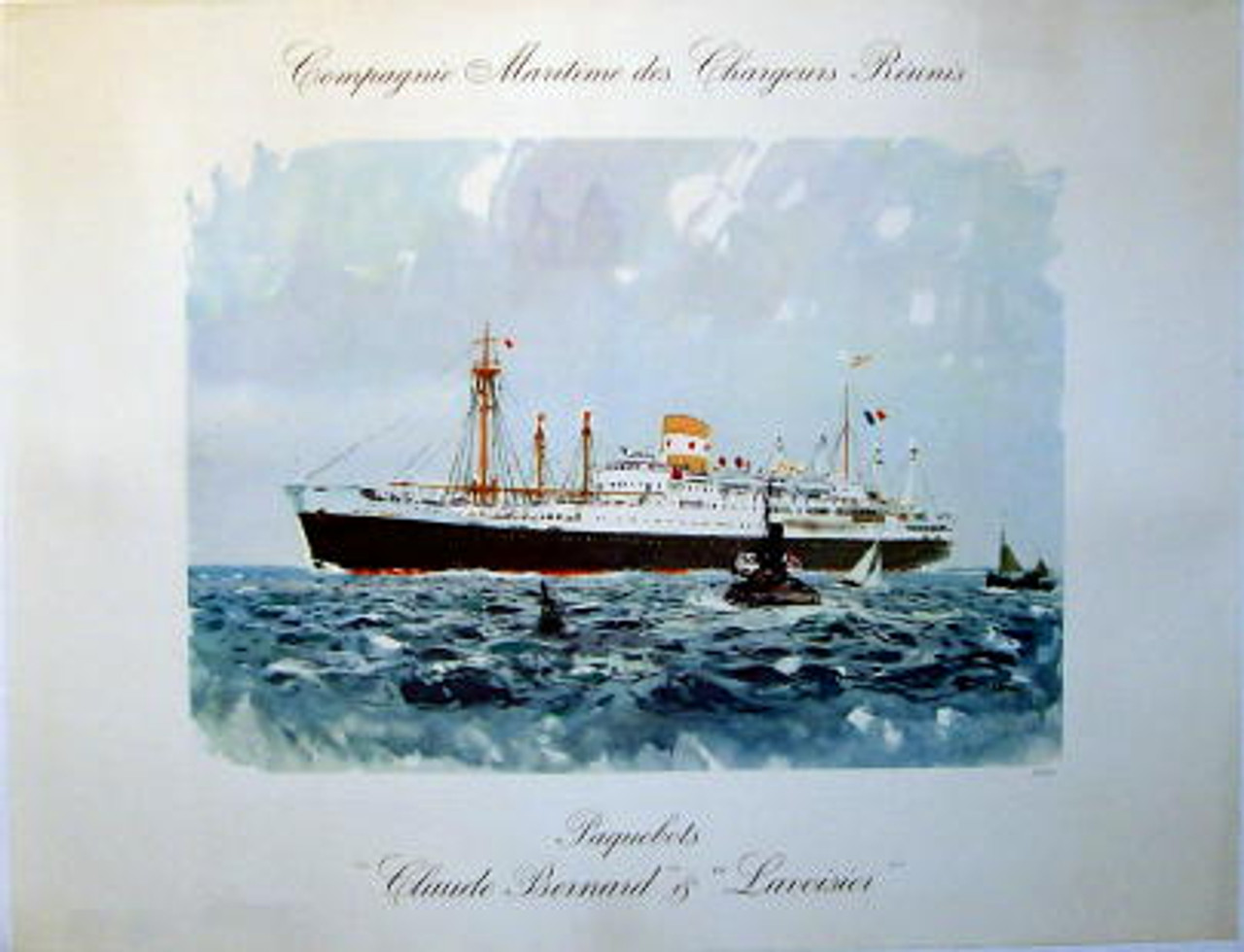 Compagnie Maritime des Chargeurs Reunis original travel French poster from 1948 by A. Brenet. Horizontal poster features large ship in the ocean sea with couple small boats near by.