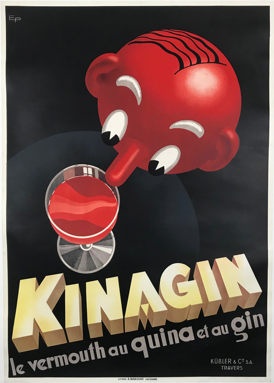 Kinagin le Vermouth au Quina et au Gin by Eugene Patkevitch Original 1941 Vintage Switzerland Wine Poster Linen Backed. Features a red head poking his nose over the table to a glass of liquor.