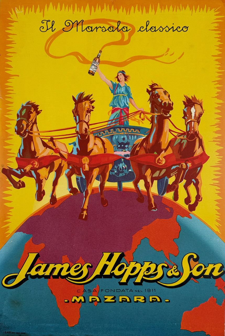 James Hopps and Son Marsala Poster Original 1923 Vintage Italian Wine Company Stone Lithograph Advertisement Linen Backed.