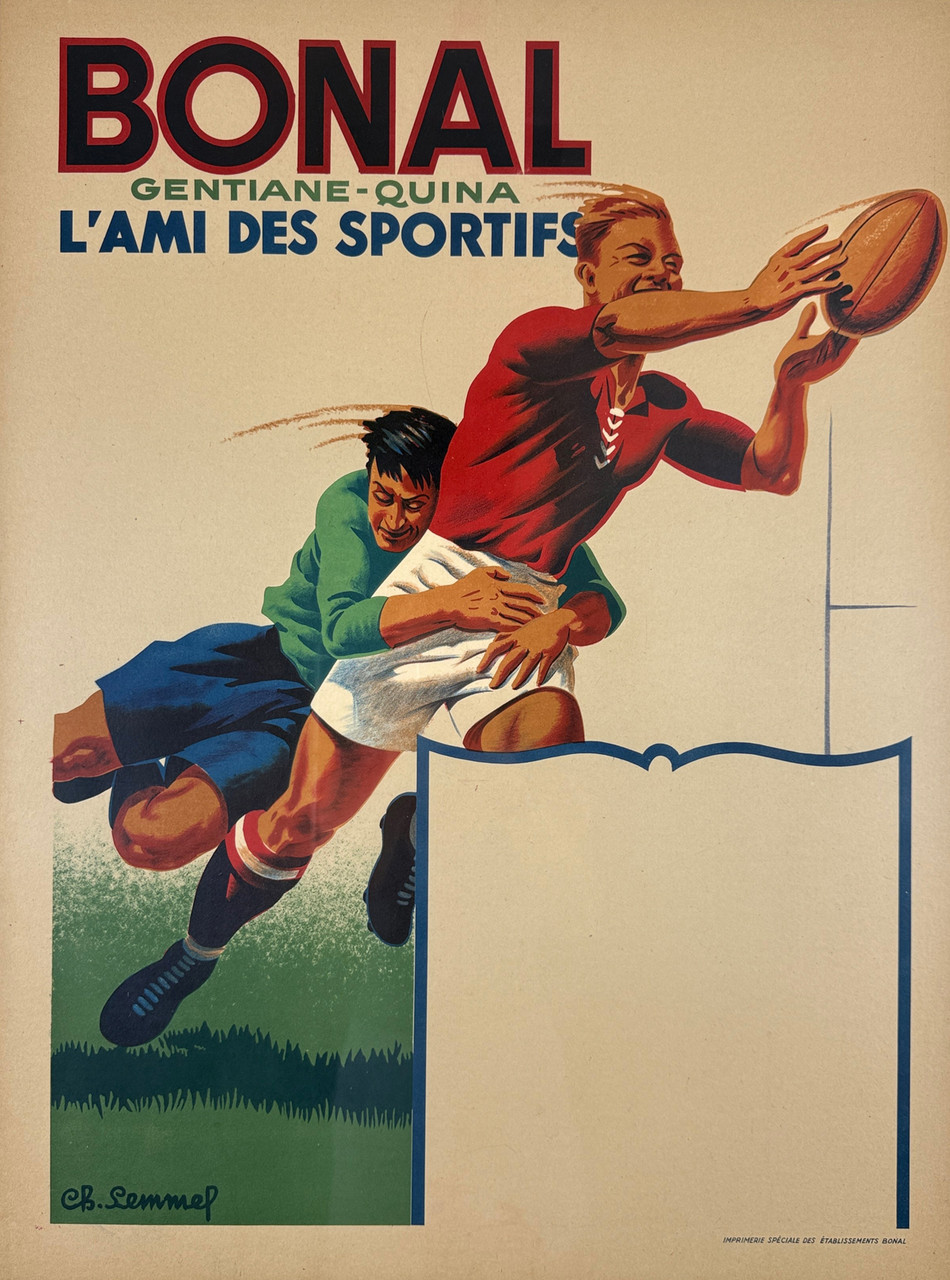 Bonal Gentiane-Quina by Ch. Lemmel from 1930 France. This French poster features two men playing in rugby. One men holding other men who trying to catch a rugby ball.