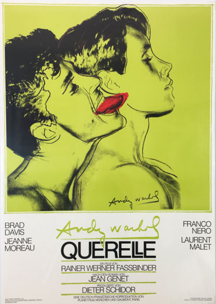Querelle (bright green) original advertisement lithography vintage poster by Andy Warhol from 1982 Germany. Created for a poster for Rainer Fassbinders last film. Shows a couple on chartreuse green background.