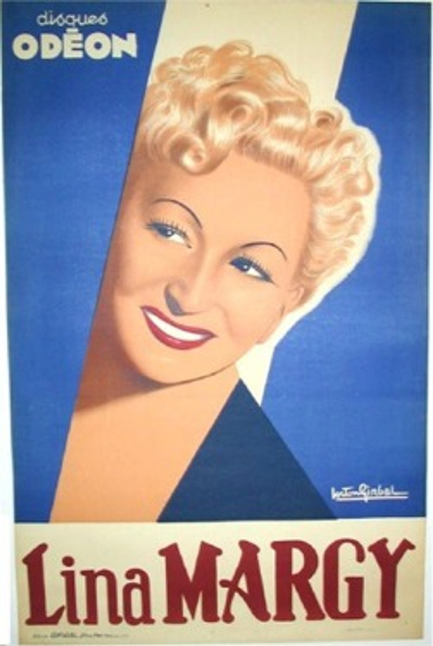 Lina Margy original vintage poster by Girbal from 1938 France. This original antique poster shows a smiling face of French singer (Lina Margy).