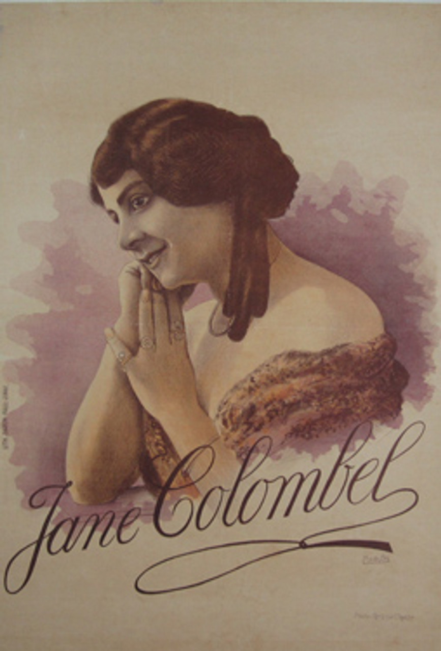 Jane Colombel original vintage poster by Zarum from 1899 France. French woman performer profile on a off white background.
