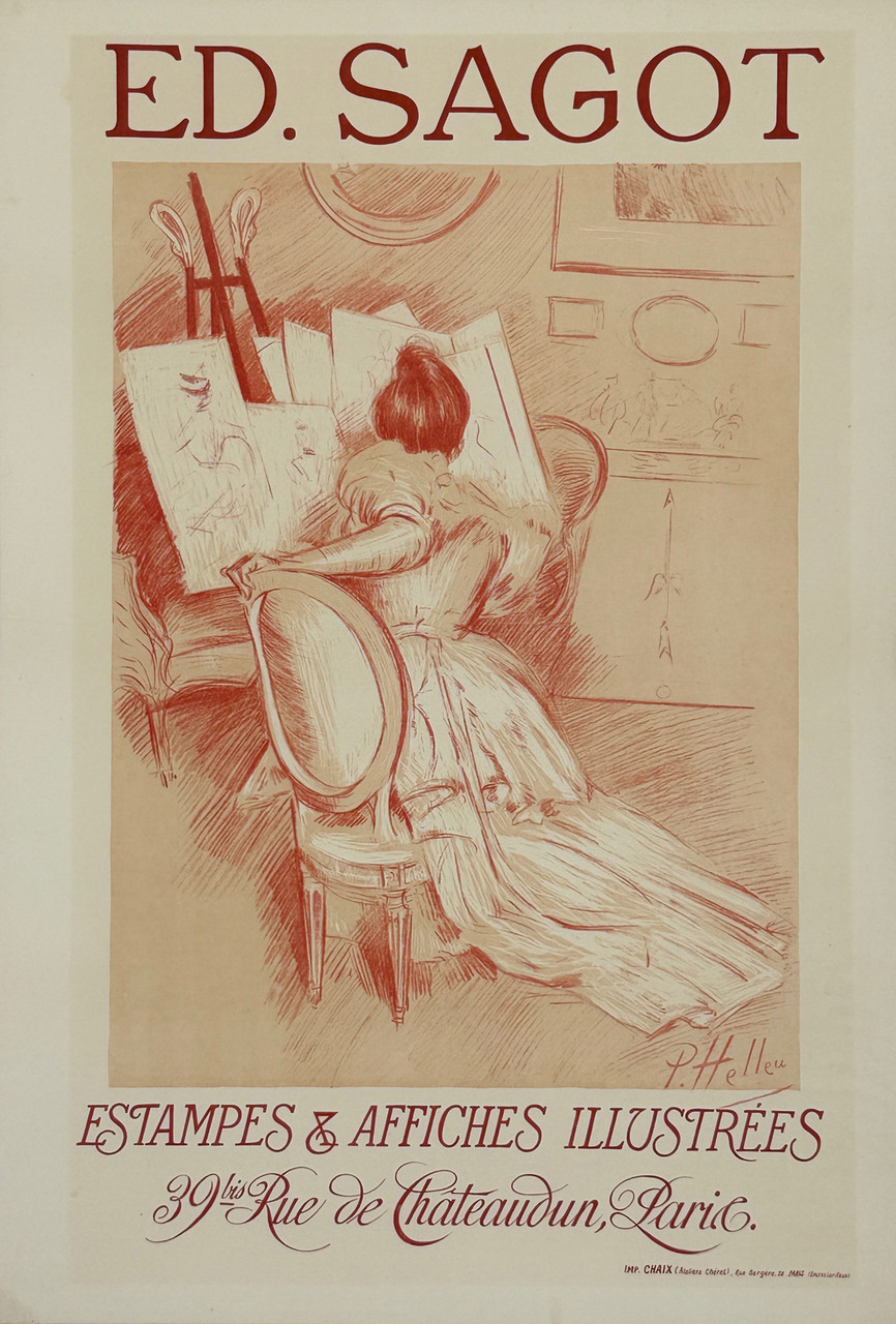 Ed Sagot Estampe Affiche Poster by Paul Helleu Original 1899 Vintage French Stone Lithograph Gallery Show Advertisement Linen Backed.