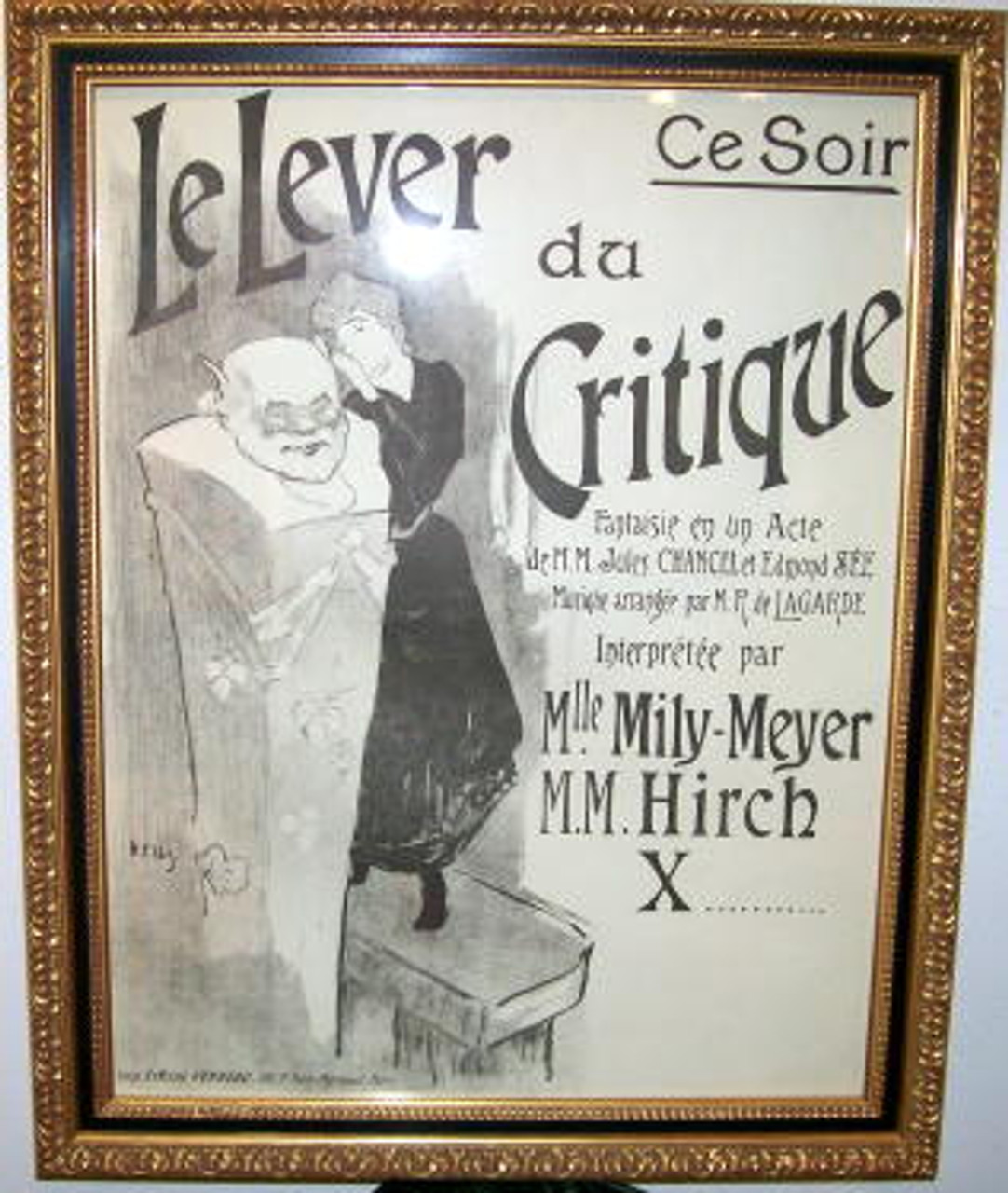 Le Lever du Critique original vintage poster by Ibels from 1896 France. Advertising theater play with woman dress in black dress resting her head on a white statue.