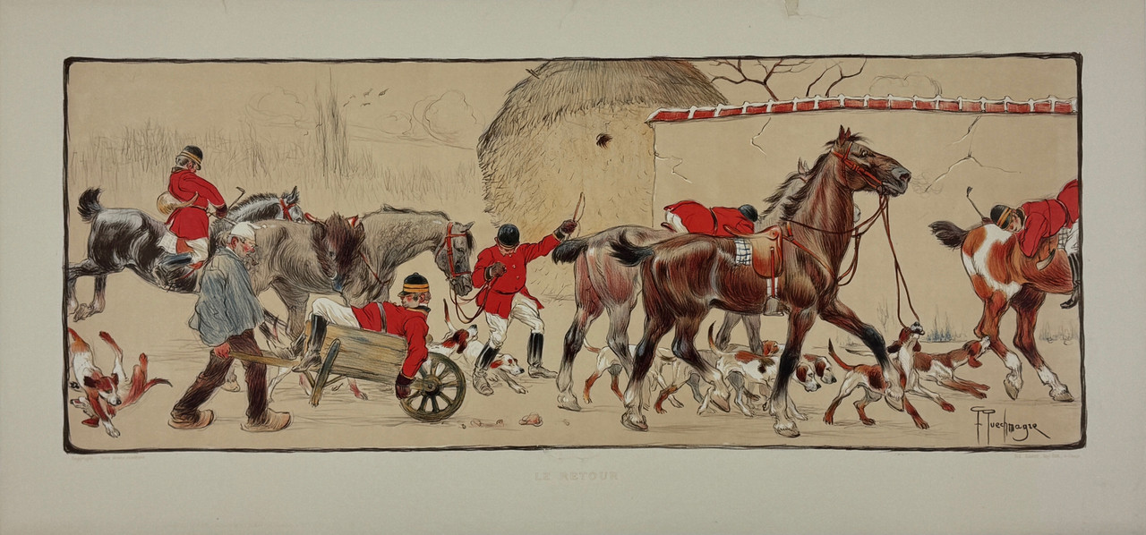 Le Retour Panel Poster By Frederic PuechmagreOriginal 1903 Vintage French Gallery Exhibition Stone Lithograph Linen Backed.