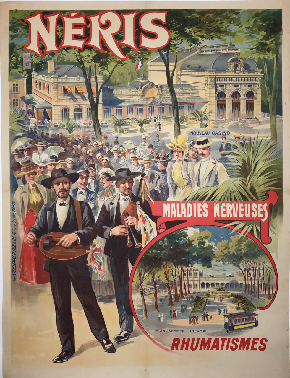 Neris Maladies Nerveuses turn of the century original travel poster from 1899 France by Imp. Vieillemard. Advertising travel destination hotel, casino and spa for rheumatism in France.