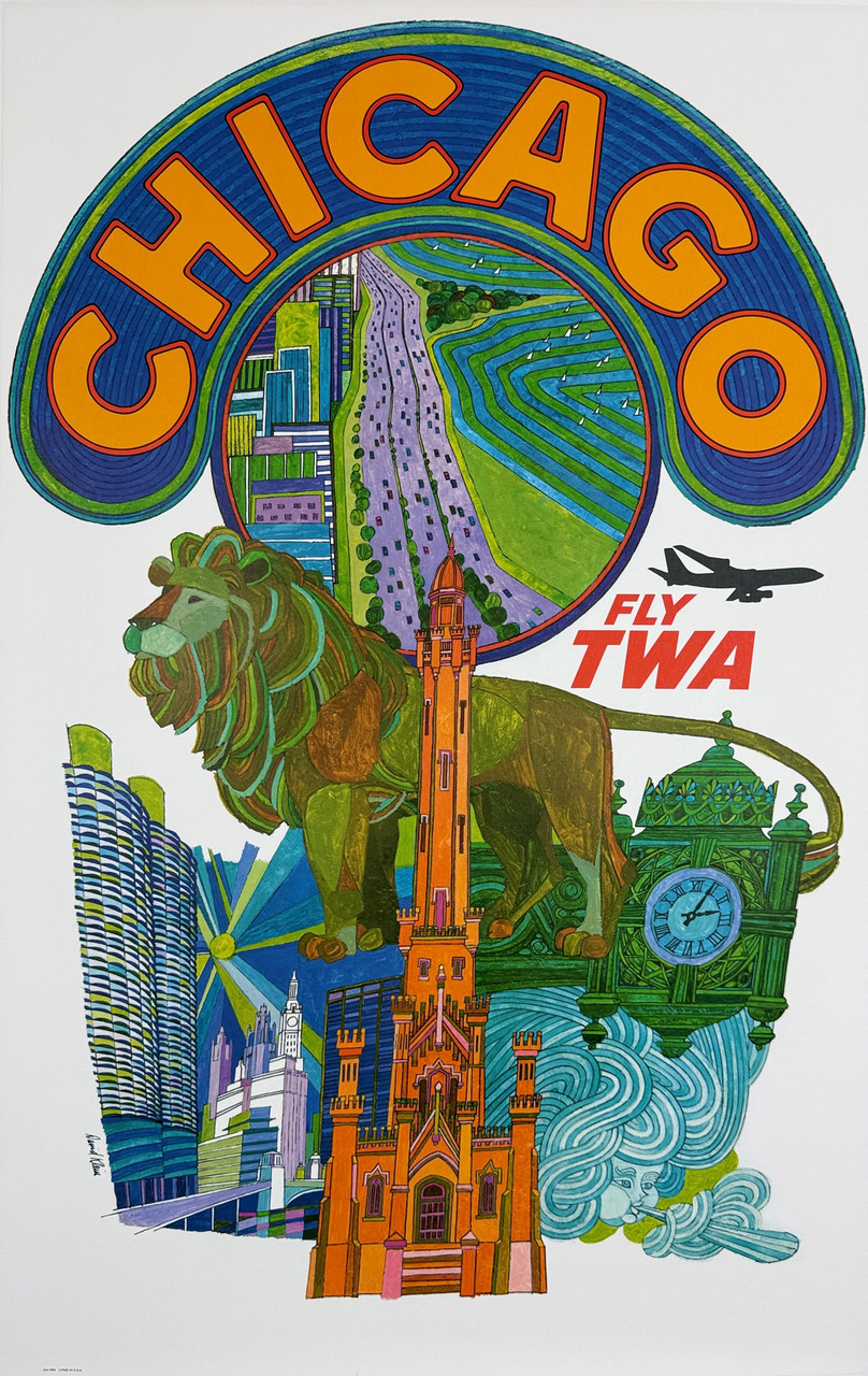 Fly TWA Chicago Poster By David Klein Original 1968 Vintage USA Plane Travel Lithograph Advertisement Linen Backed. Fly TWA Chicago Poster By David Klein Original 1968 Vintage USA Plane Travel Lithograph Advertisement Linen Backed.
