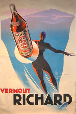 Vermouth Richard original advertisement lithographic vintage poster by Maurus from 1928 France. Shows a human figure on water skis, holding the bottle of Richard vermouth.