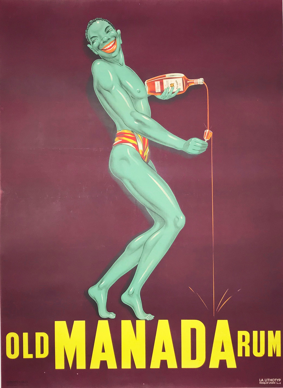 Manada Old Rum French 1938 Original Vintage Stone Lithograph Advertising Poster. wine and spirits poster features a man who pouring the rum from the bottle into a small glass. That is over running down onto the wording below.